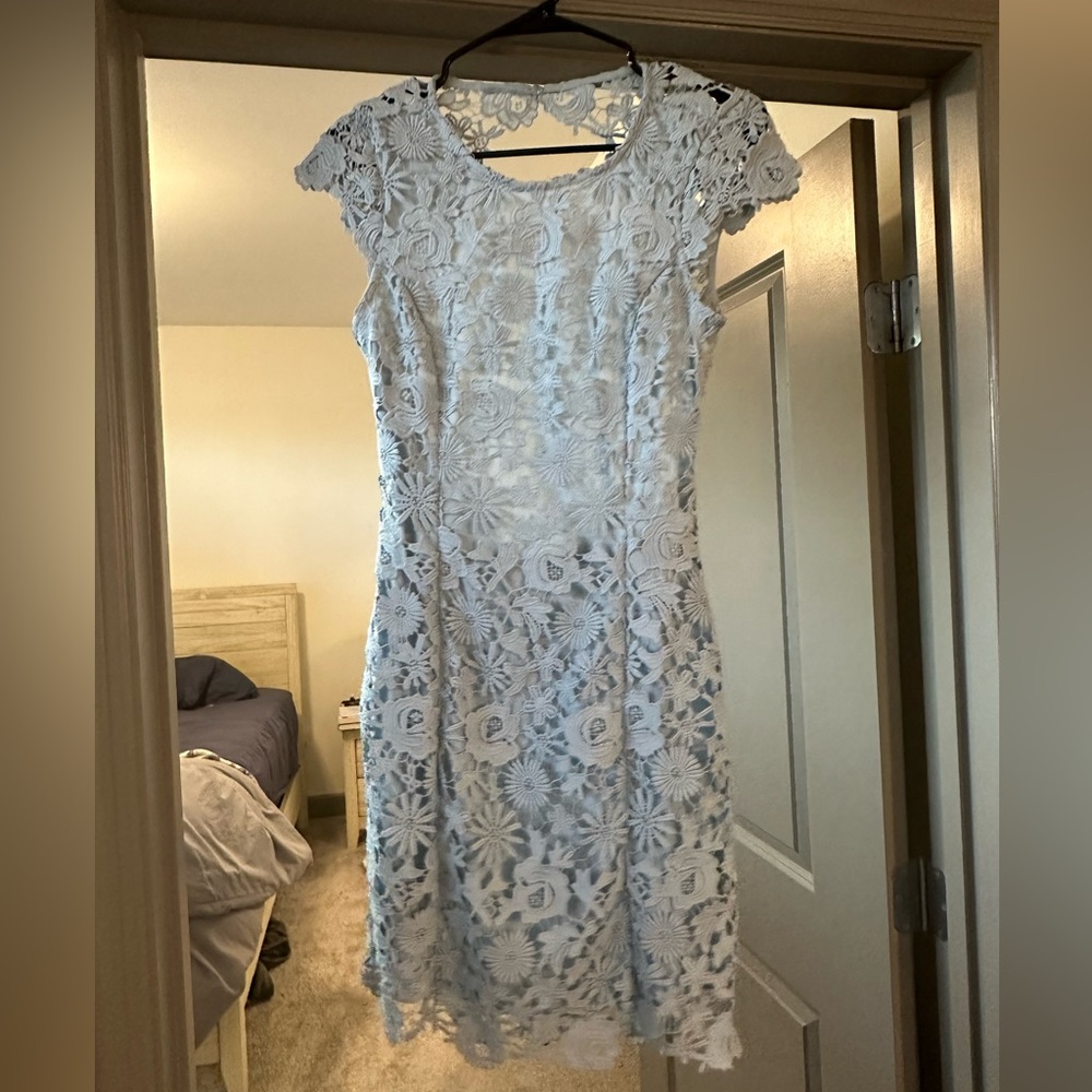 Light blue lace dress with gorgeous back detail!